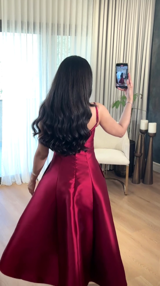 Red dress with luxurious pearl and crystal studs