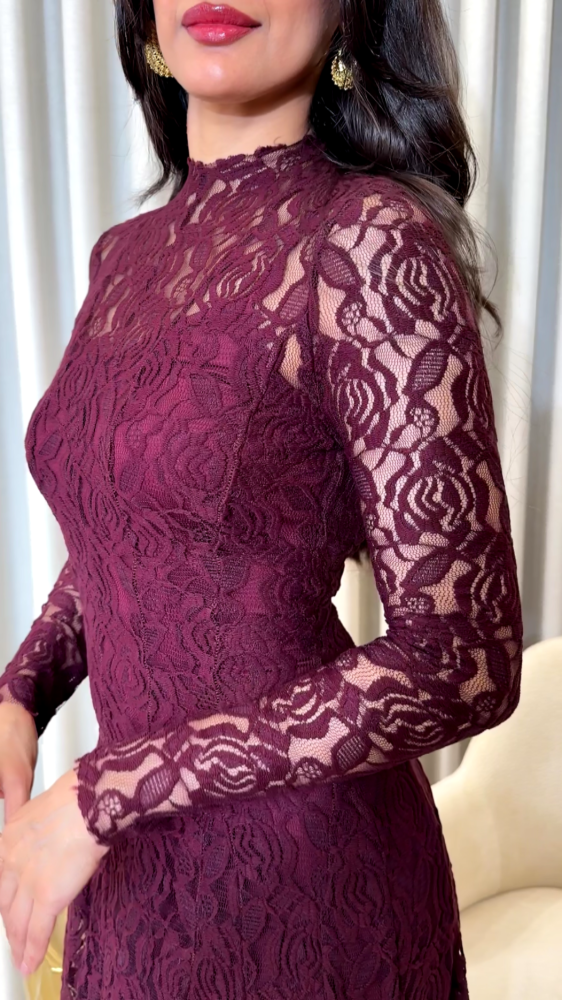 Long burgundy lace evening dress with sheer sleeves