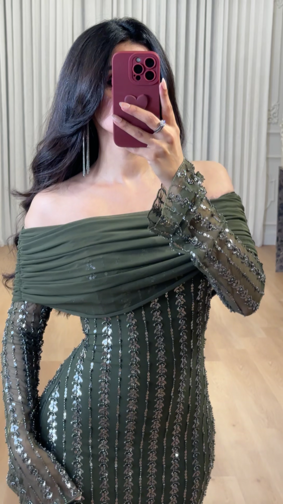 Luxury dress - olive green off shoulder