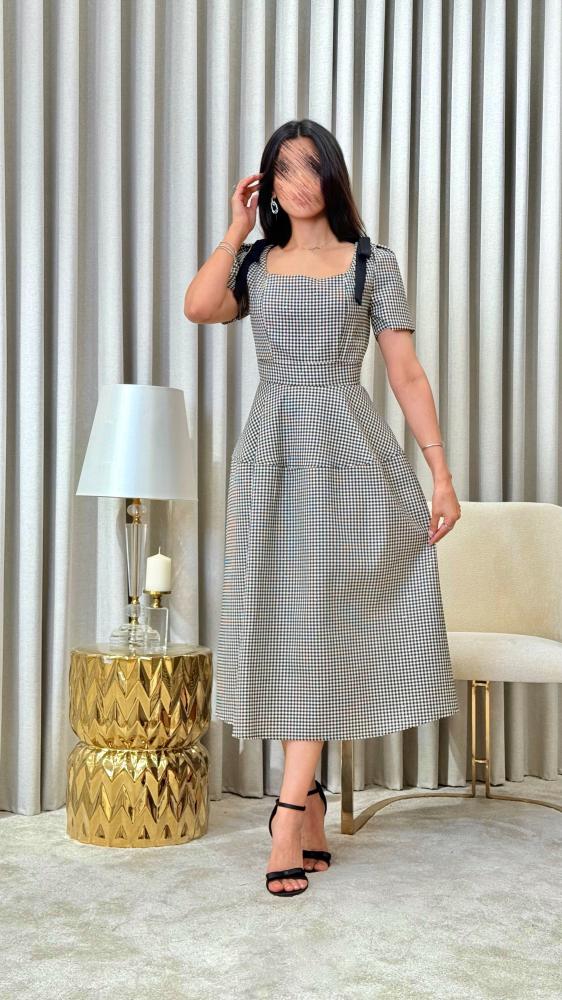 Checkered Dress with Black Shoulder Bows