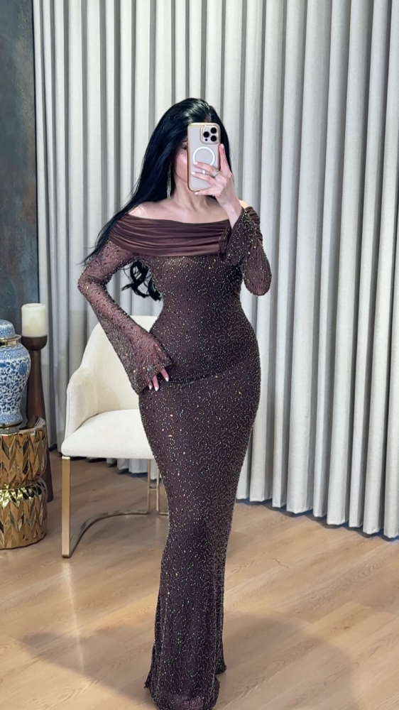 Mocha long evening dress decorated with tulle folds