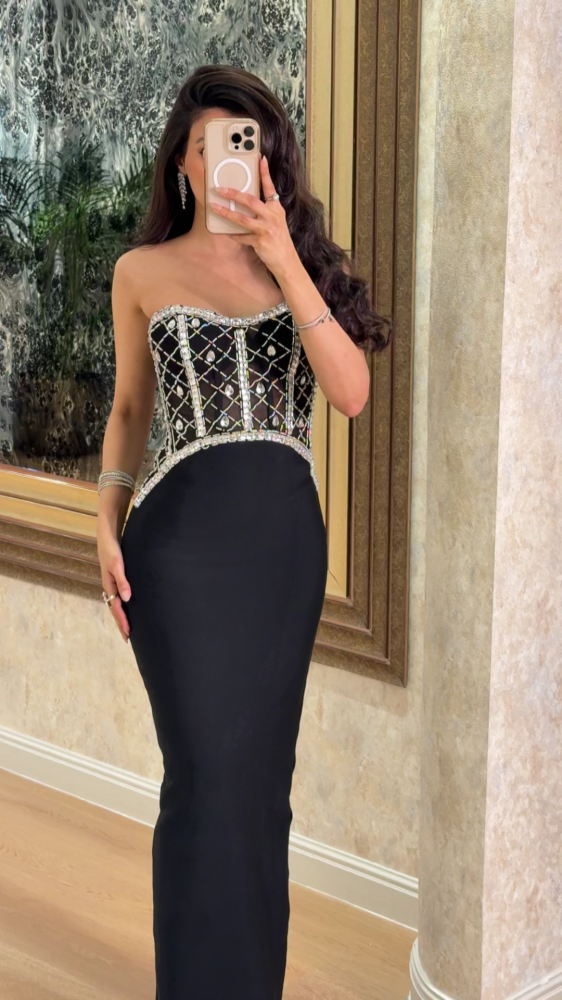 Royal black evening dress with a top embellished with crystals
