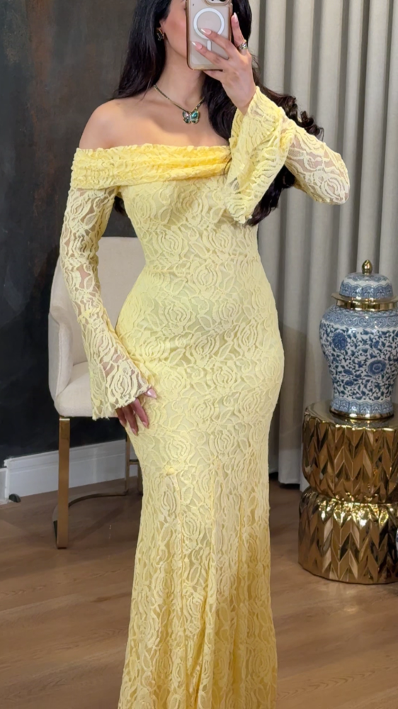 Pastel yellow long lace dress