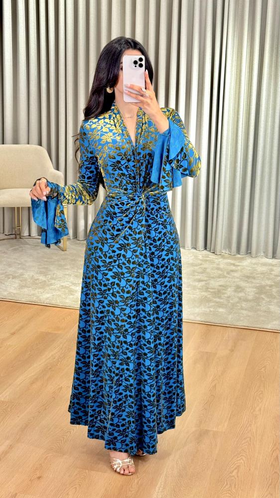 Turquoise Soft Tulle Dress with Golden Velvet Pattern