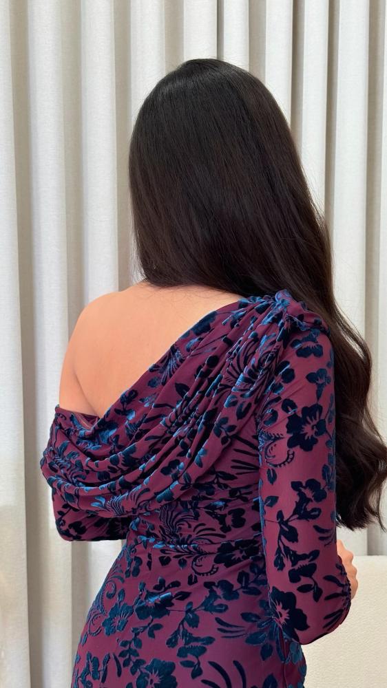 Purple Soft Tulle Dress with Teal Velvet Floral Pattern – Off-Shoulder Draped Evening Gown