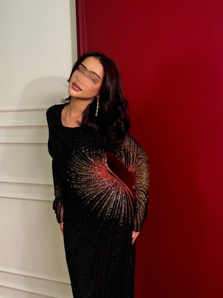 Long evening dress with geometric pattern