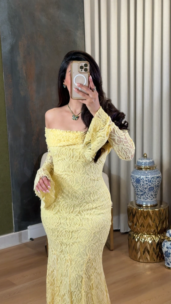 Pastel yellow long lace dress