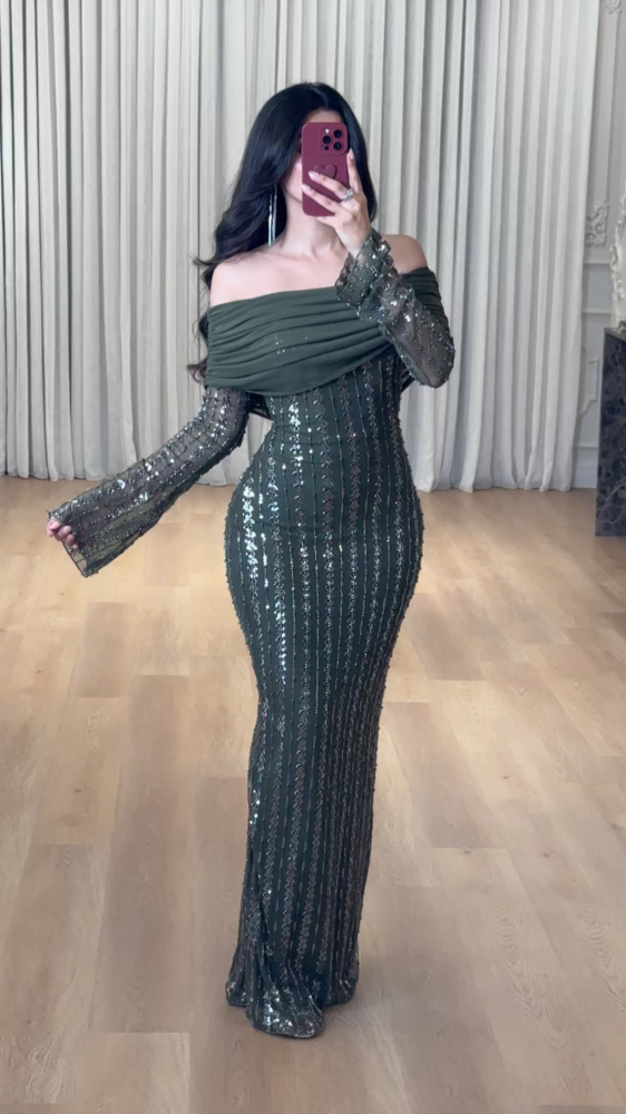 Luxury dress - olive green off shoulder