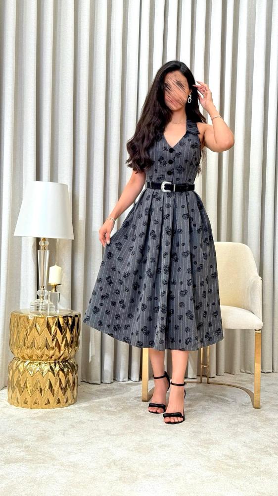 Grey Floral Embroidered Dress with Tailored-Inspired Design and Waist Belt