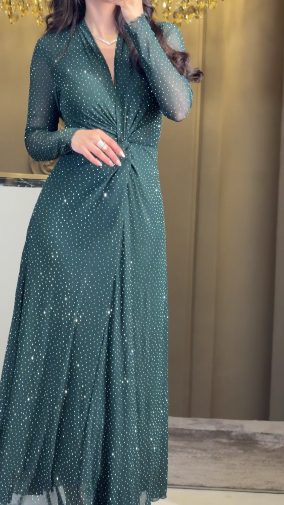 Soft olive tulle dress with scattered crystals