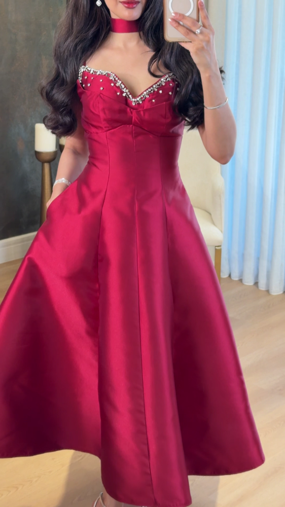 Red dress with luxurious pearl and crystal studs