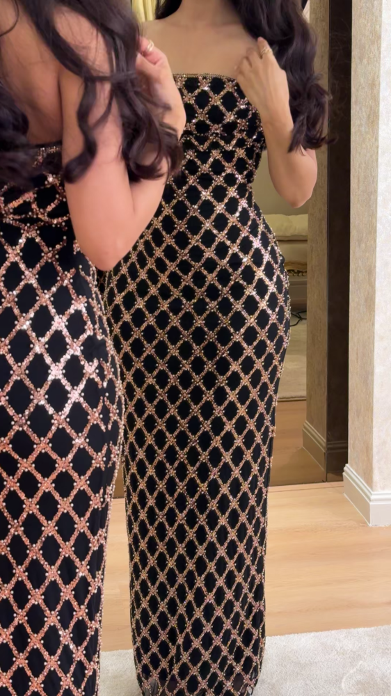 فستان سهرة توب شك برونزي بنمط خطوط متشابكة