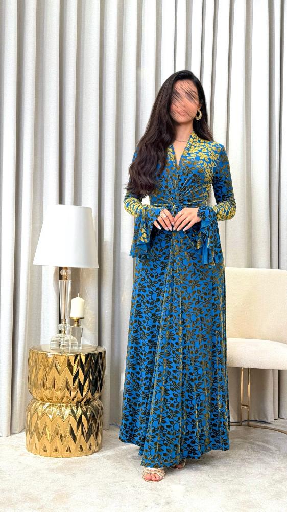 Turquoise Soft Tulle Dress with Golden Velvet Pattern