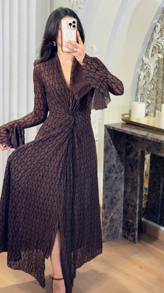 Mocha brown dress with luxurious geometric patterns