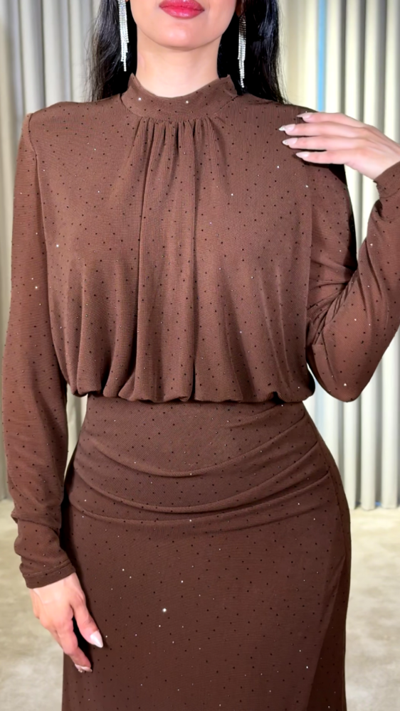 Dark mocha evening dress with scattered crystals