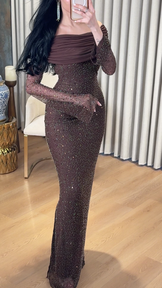 Mocha long evening dress decorated with tulle folds