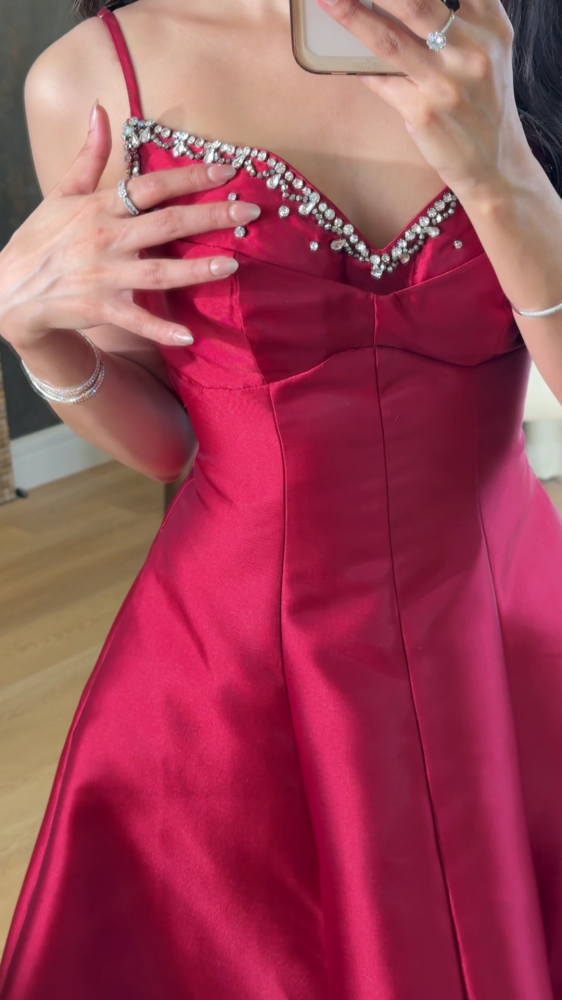 Red dress with luxurious pearl and crystal studs