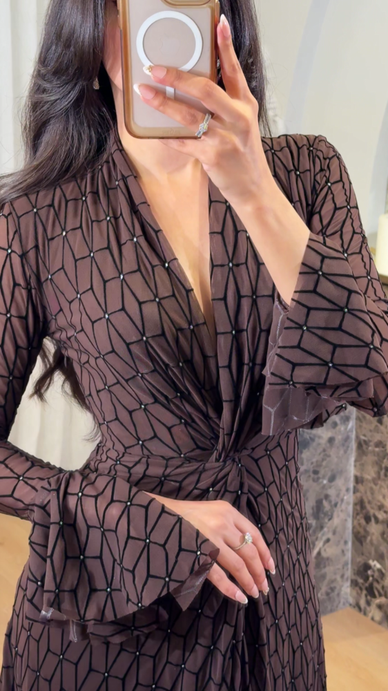 Mocha brown dress with luxurious geometric patterns