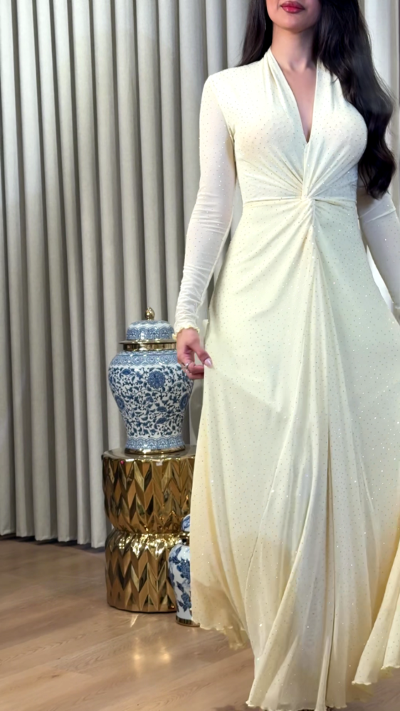 Soft yellow tulle dress with scattered crystals