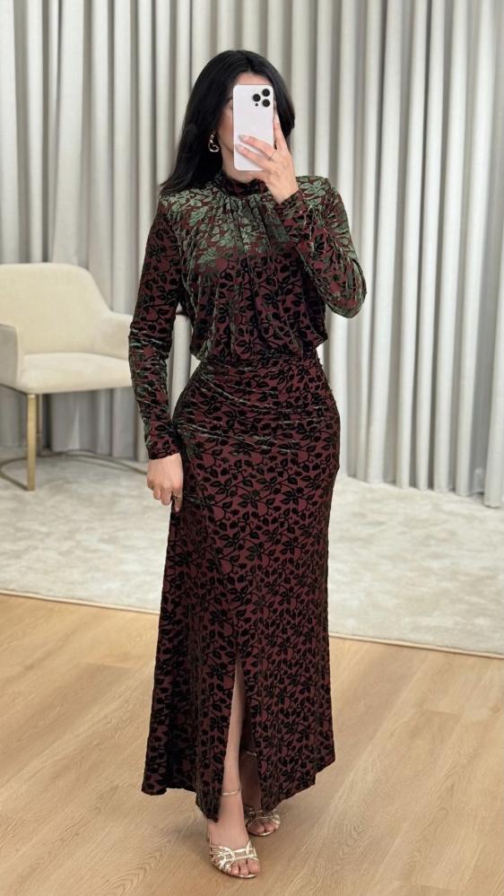 Terracotta Soft Tulle Dress with Emerald Green Velvet Flocked Pattern