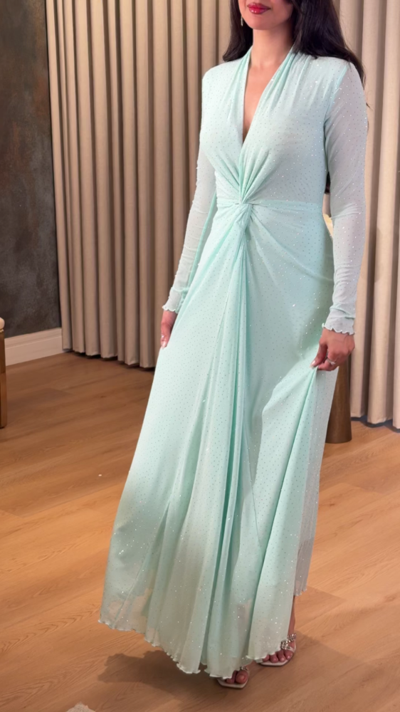 Light turquoise soft tulle dress with scattered crystals