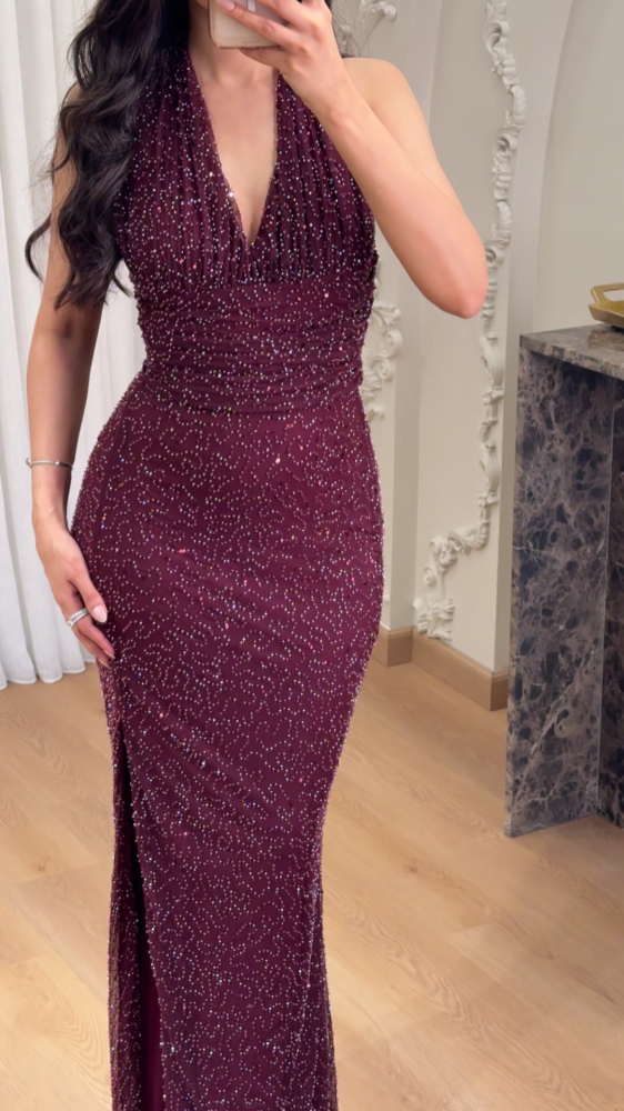 Burgundy wrap neck dress