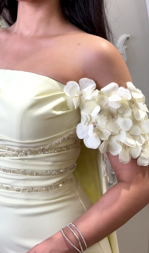 Lemon evening dress with ruffled flowers