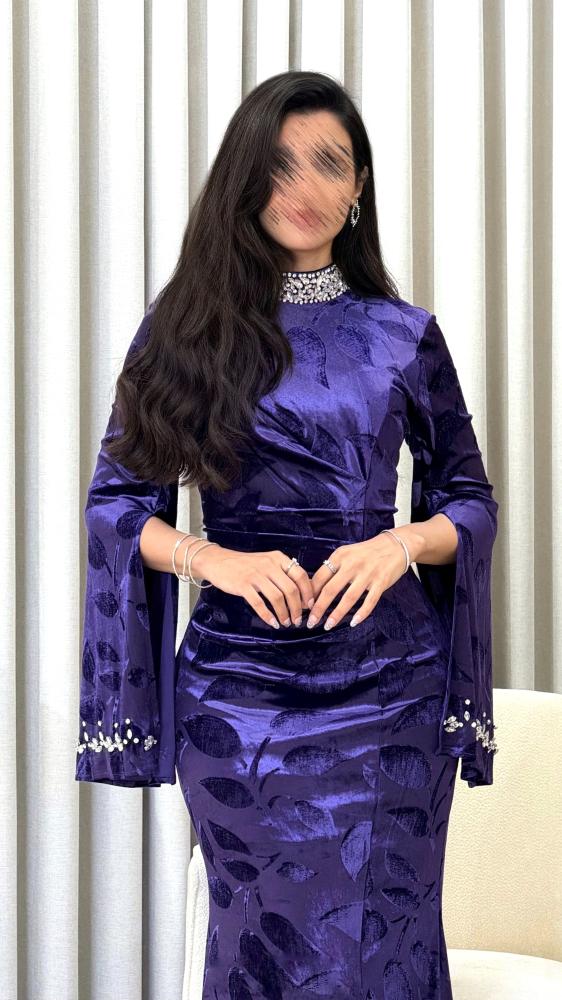 Royal Purple Velvet Dress with Crystal-Embellished Collar and Cuffs