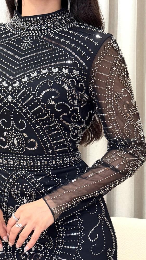 Black Crystal-Embellished Evening Gown with Intricate Geometric Design