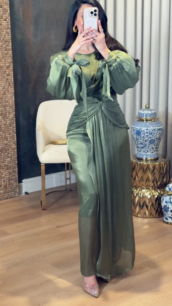 Soft olive pastel dress with shine