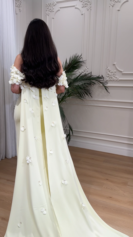 Lemon evening dress with ruffled flowers