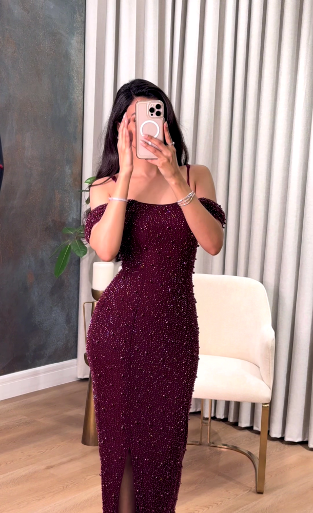 Off-shoulder burgundy evening dress