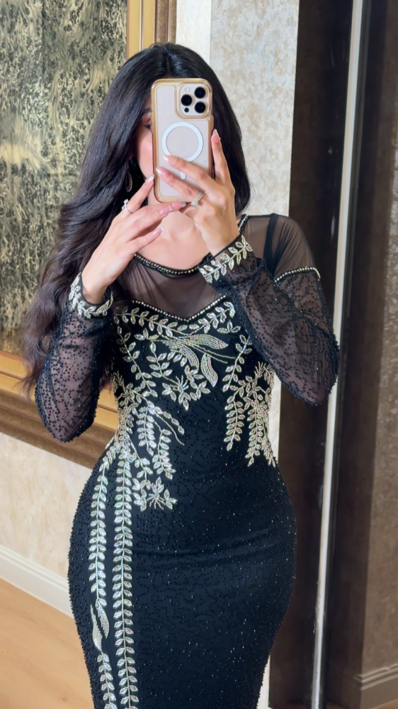 Black silver dress with embroidered tulle sleeves