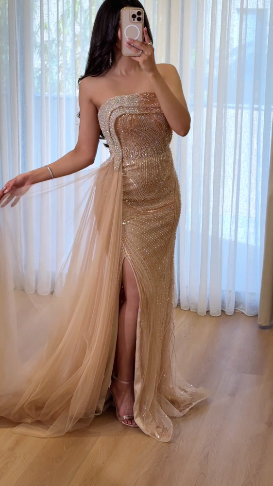 Beige-golden evening dress, fully studded
