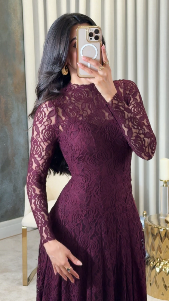 Long burgundy lace evening dress with sheer sleeves