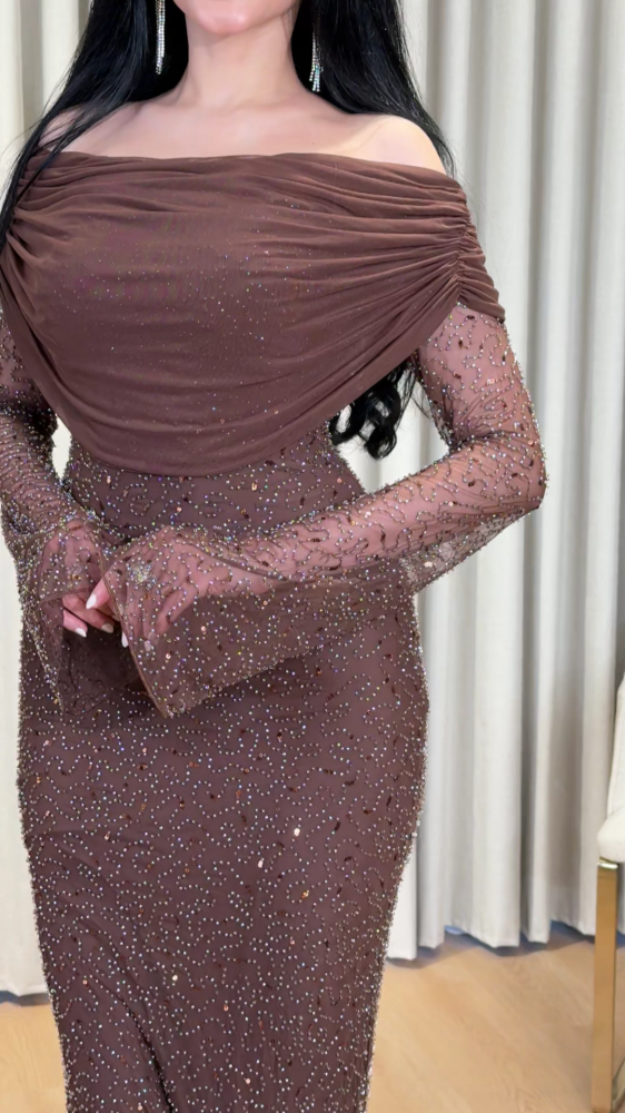 Mocha long evening dress decorated with tulle folds