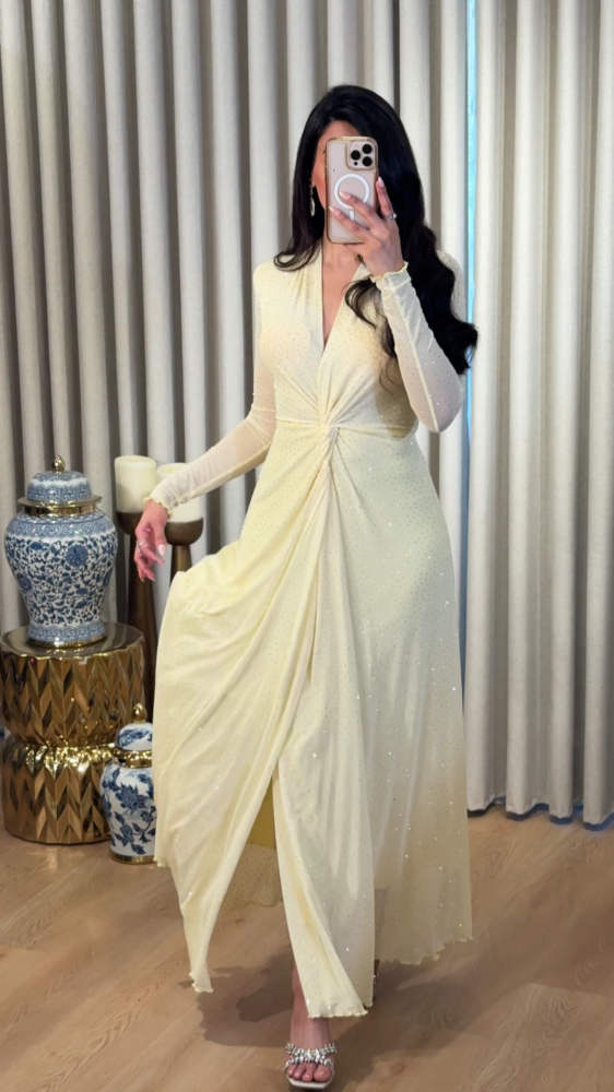 Soft yellow tulle dress with scattered crystals