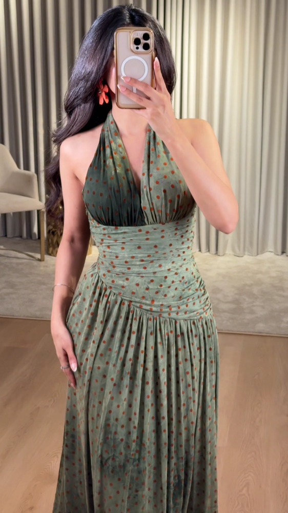 Velvet dress decorated with small copper dots