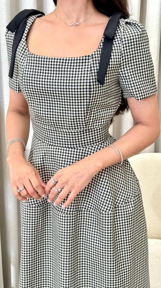 Checkered Dress with Black Shoulder Bows