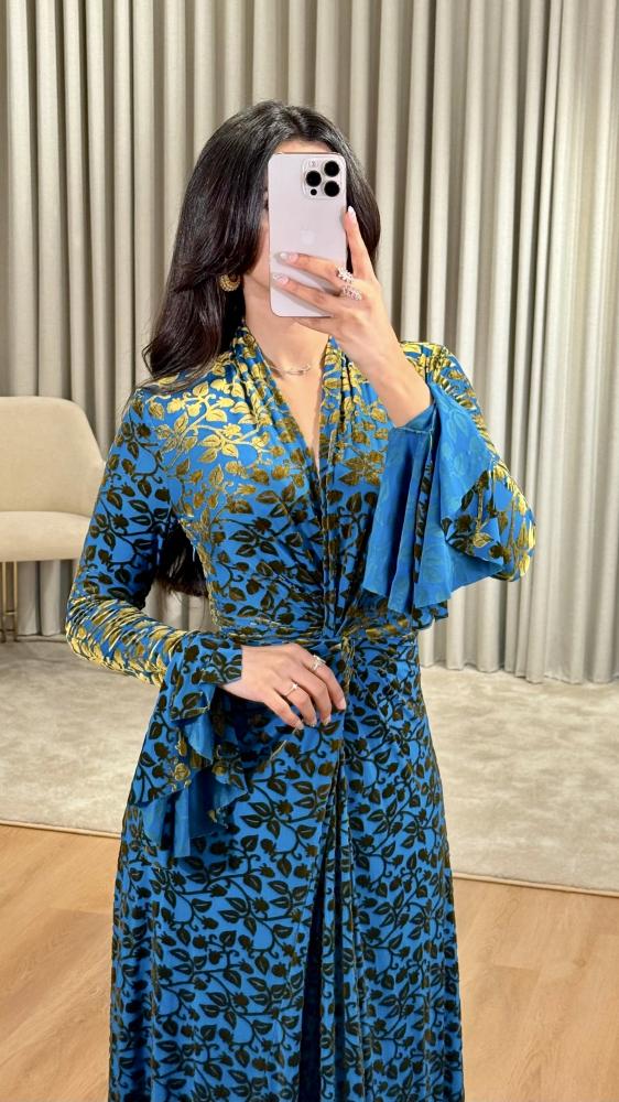 Turquoise Soft Tulle Dress with Golden Velvet Pattern