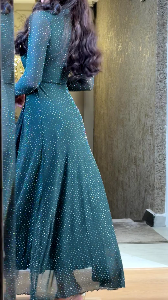 Soft olive tulle dress with scattered crystals