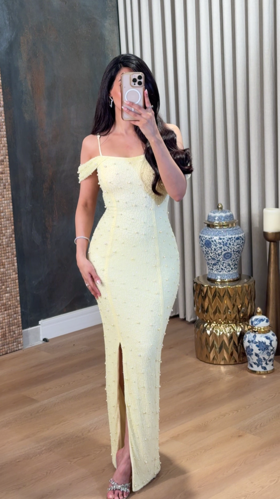 Yellow off-shoulder evening dress