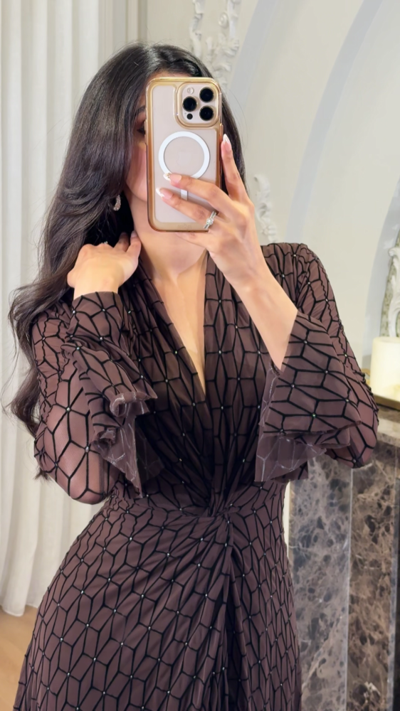Mocha brown dress with luxurious geometric patterns