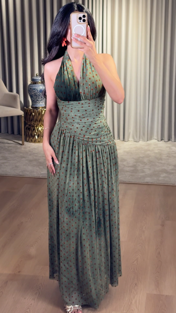 Velvet dress decorated with small copper dots