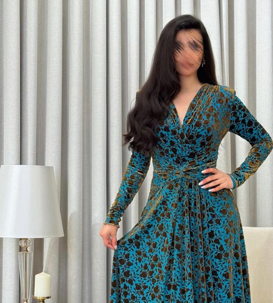 Turquoise Soft Tulle Dress with Golden Velvet Pattern