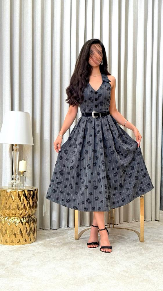 Grey Floral Embroidered Dress with Tailored-Inspired Design and Waist Belt
