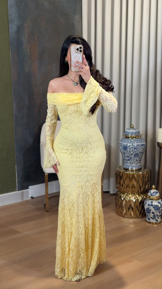 Pastel yellow long lace dress