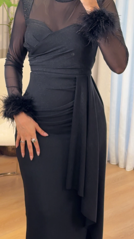 Royal black dress with feathers on the sleeves