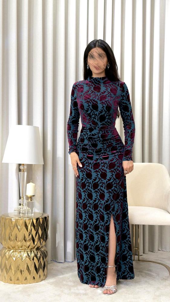 Turquoise Soft Tulle Dress with Burgundy Velvet Pomegranate Motifs