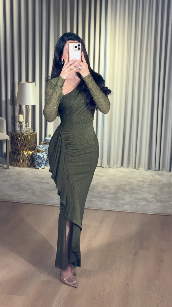 Olive evening dress with scattered crystals